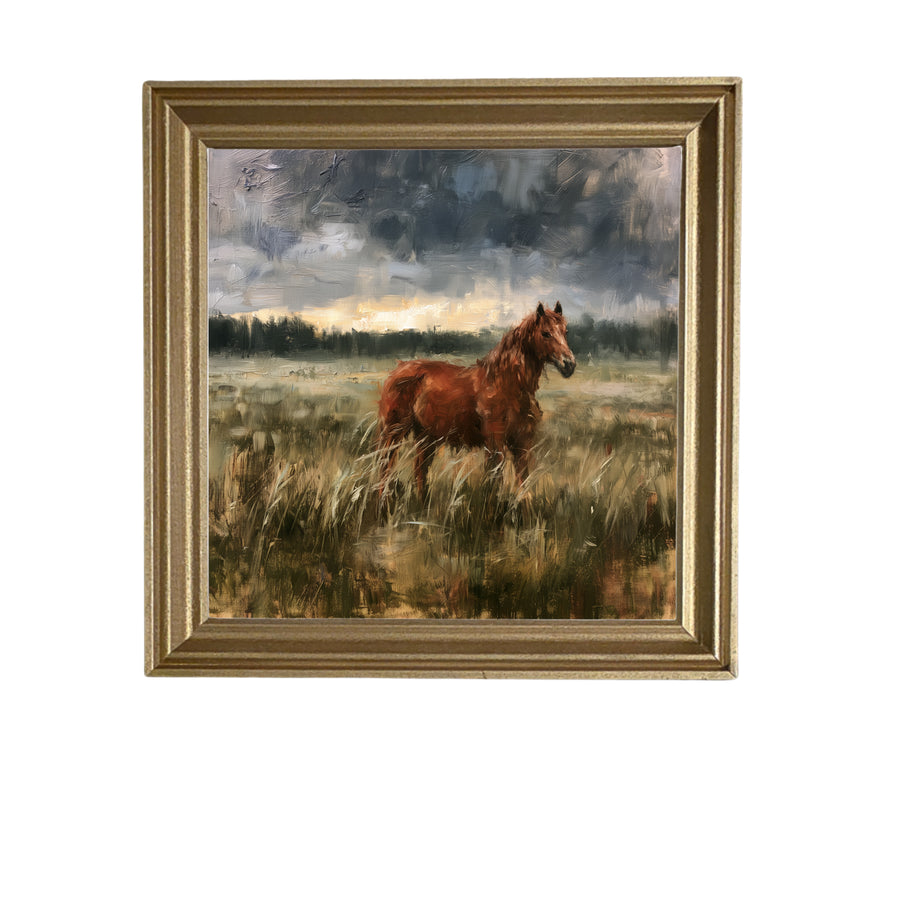 Chestnut horse standing alone in a peaceful rural landscape, rustic farmhouse style — product view 5