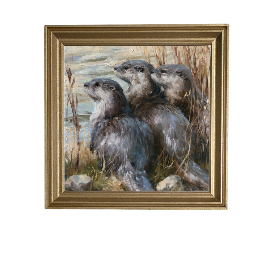Three river otters sitting closely together along a riverbank in a rustic, painterly style — product view 5