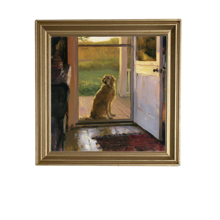 Golden retriever sitting patiently outside a rustic farmhouse door — product view 5