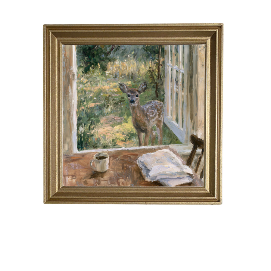 A gentle fawn stands outside a farmhouse window, evoking countryside tranquility. — product view 5