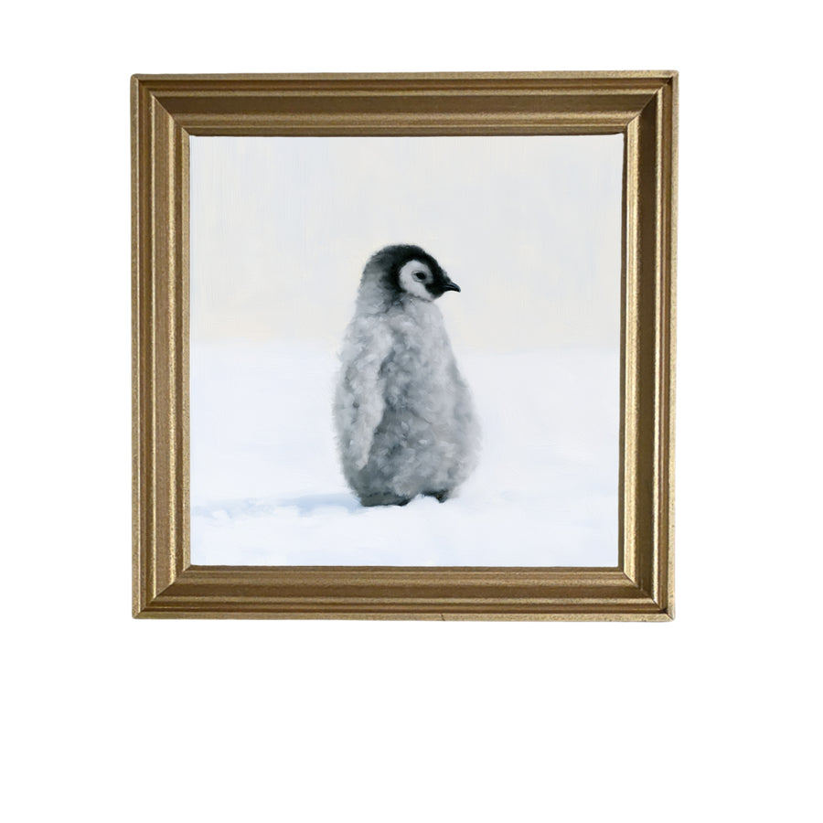 young emperor penguin chick standing alone, softly rendered in white, black, and gold tones — product view 5