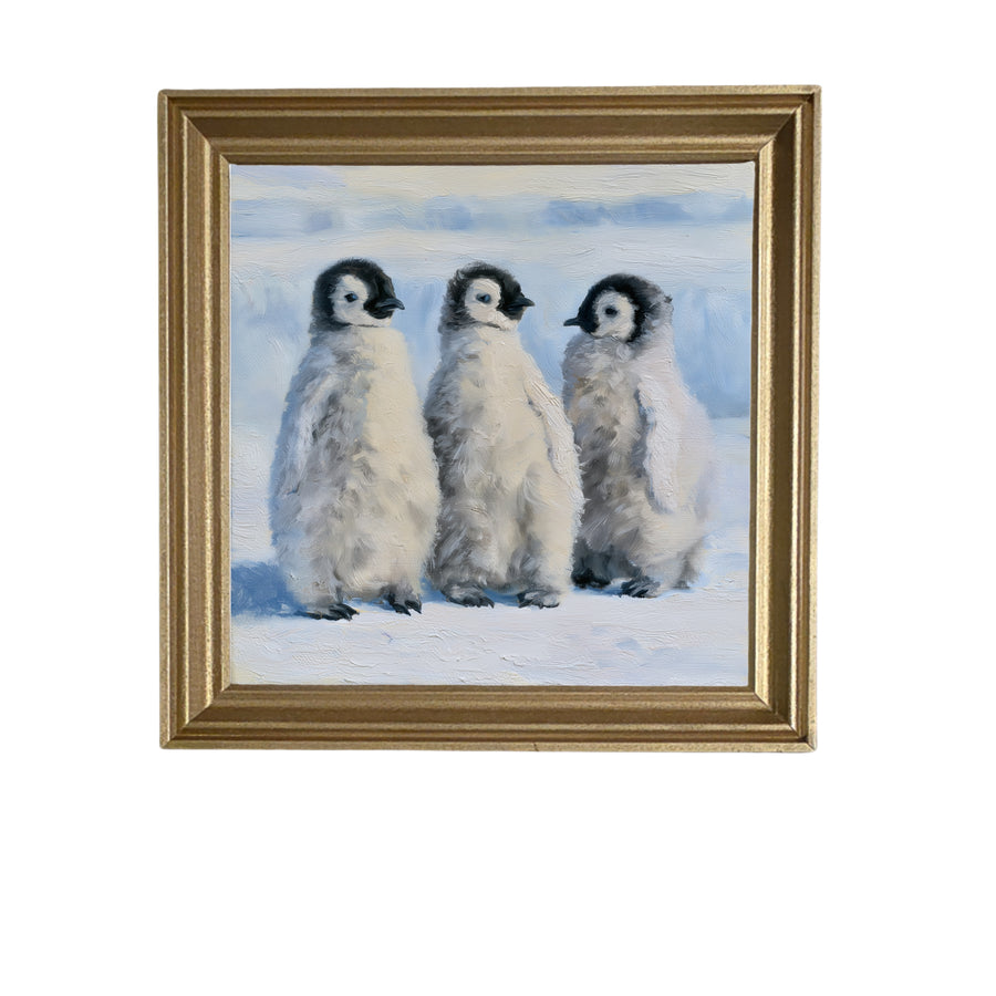 Three fluffy emperor penguin chicks standing close together, captured in a rustic farmhouse style. — product view 5