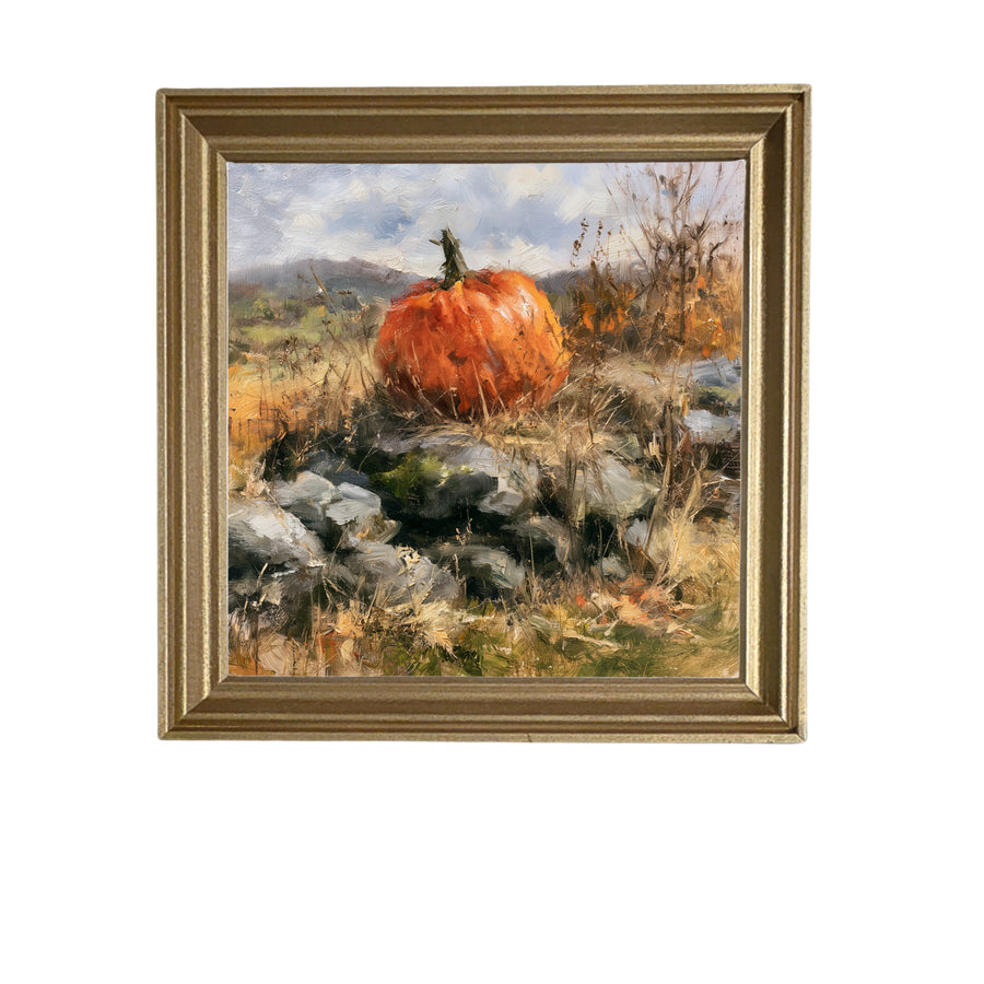 Heirloom pumpkin in warm autumn colors resting on a rustic surface, framed in handcrafted wood — product view 5