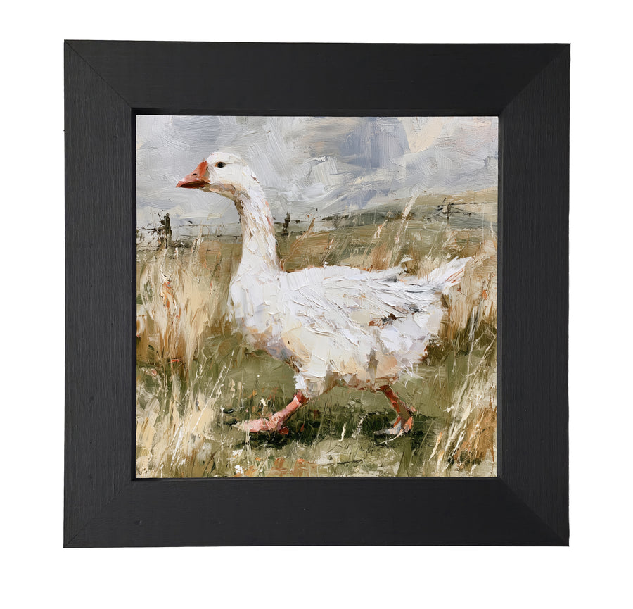 White goose walking through a grassy meadow in a rustic, painterly style