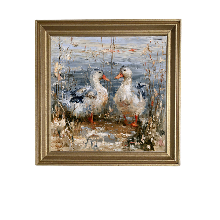 Two impressionist ducks standing by a pond with reeds in rustic farmhouse style