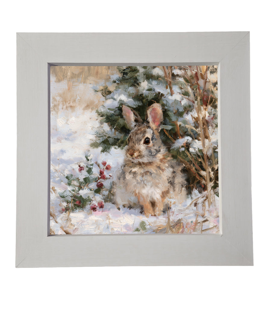 realistic rabbit in snow with evergreen branches and red berries, rustic framed art