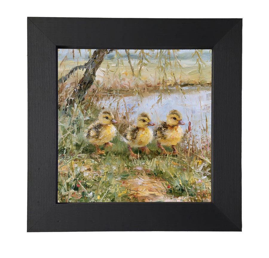 Three ducklings walking beside a pond under a tree in a rustic spring meadow, painted in an impressionist style.