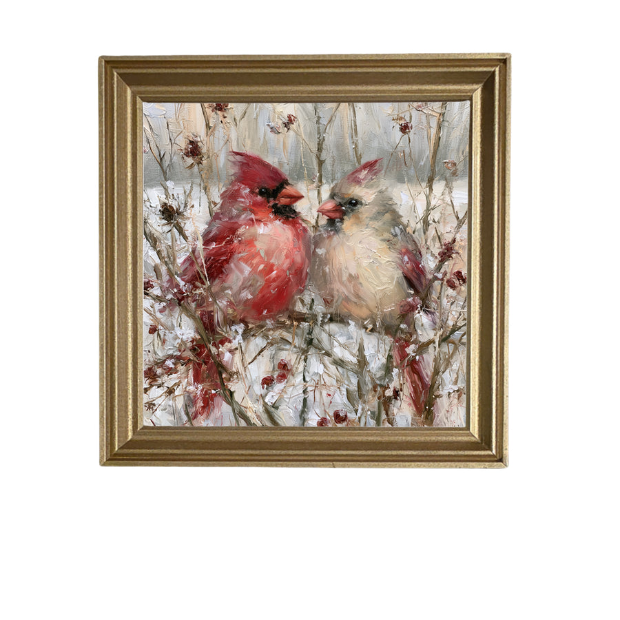 Male and female cardinals perched on snowy winter branches in a rustic, impressionist style