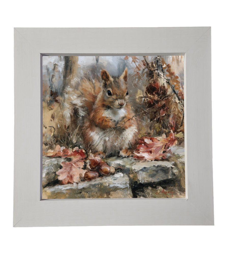 Red squirrel surrounded by acorns and autumn leaves in a rustic, painterly woodland scene