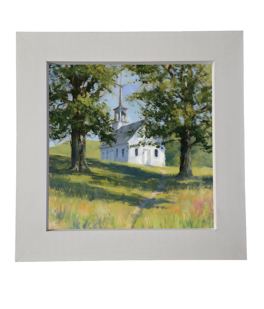 A small white country church stands alone, surrounded by rustic countryside. — product view 6