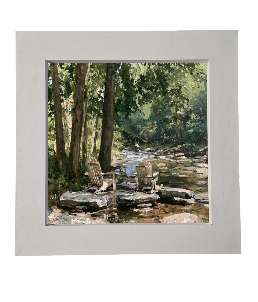 Two rustic Adirondack chairs beside a tranquil lake in a farmhouse setting — product view 6