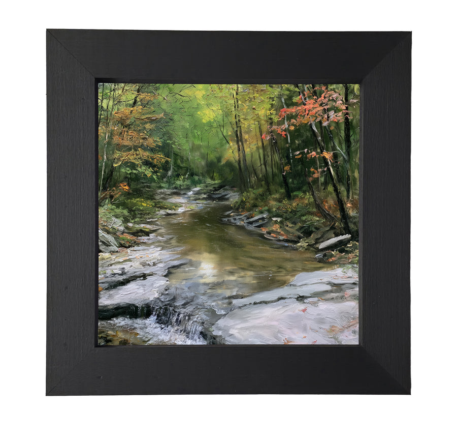 A clear mountain creek winding through lush greenery in the Hudson countryside, framed in rustic wood. — product view 7