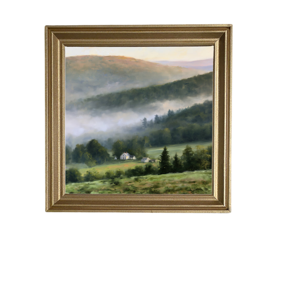 Tranquil Hudson Valley mountain landscape in soft blue, green, and gray tones, framed in handcrafted wood. — product view 5