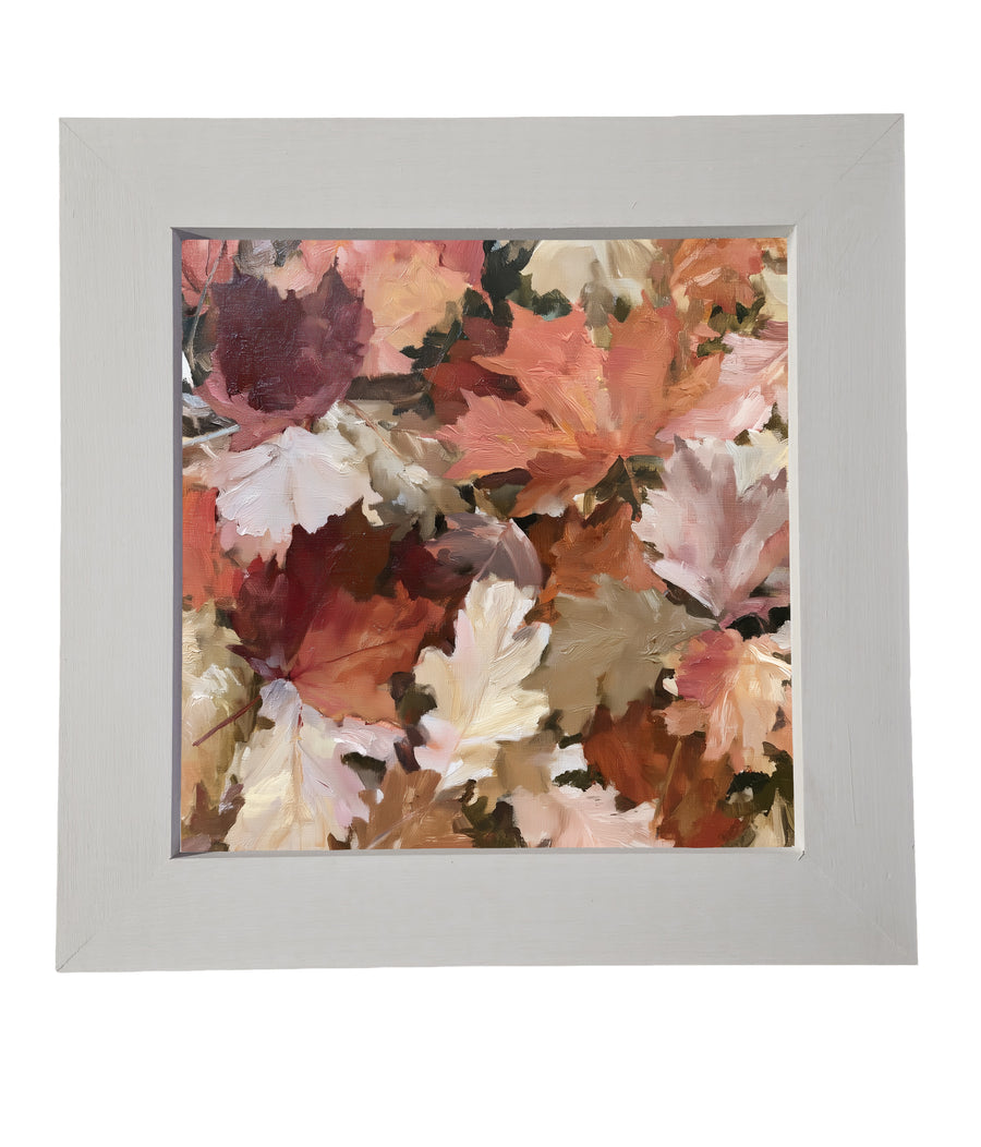 Overlapping autumn leaves in warm orange, gold, red, and brown, framed in rustic wood — product view 6