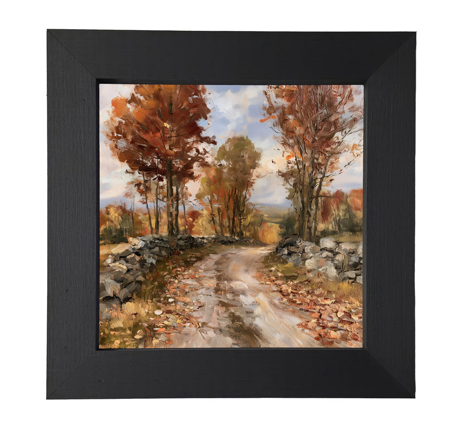 winding dirt road lined with stone walls and autumn trees in warm fall colors
