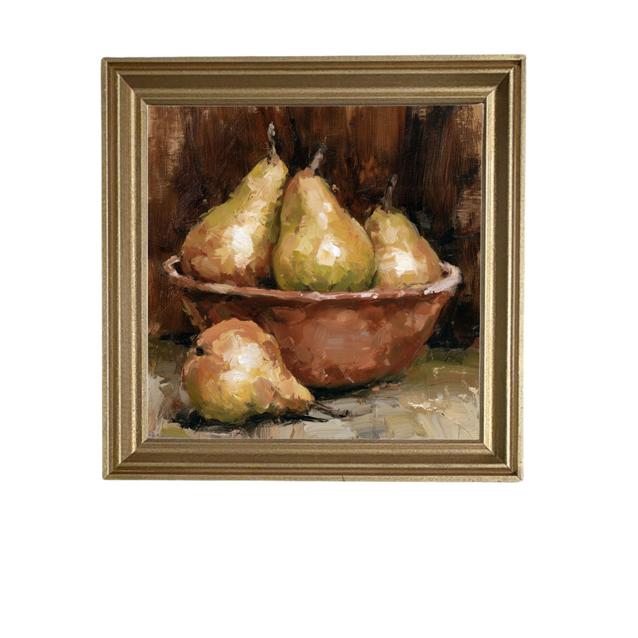 Warm still life painting of golden-green pears in a rustic clay bowl with earthy tones