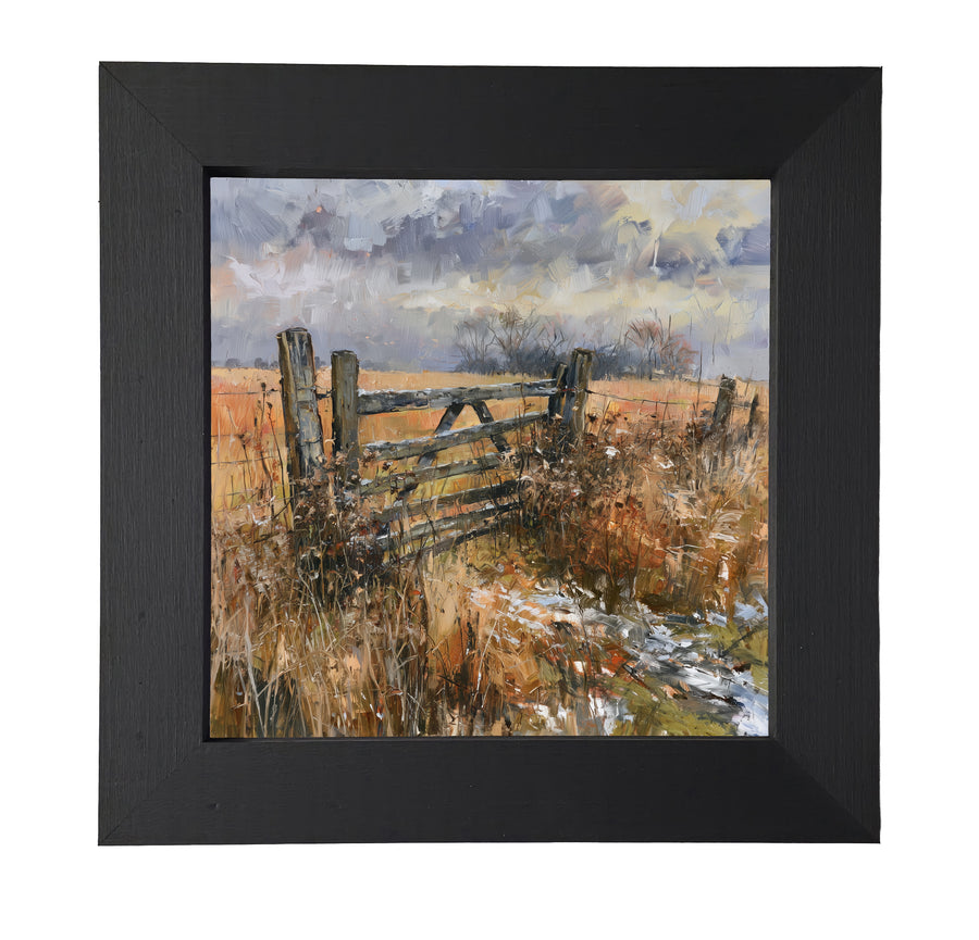weathered wooden gate in an autumn field with tall grass and bare trees under a painterly sky