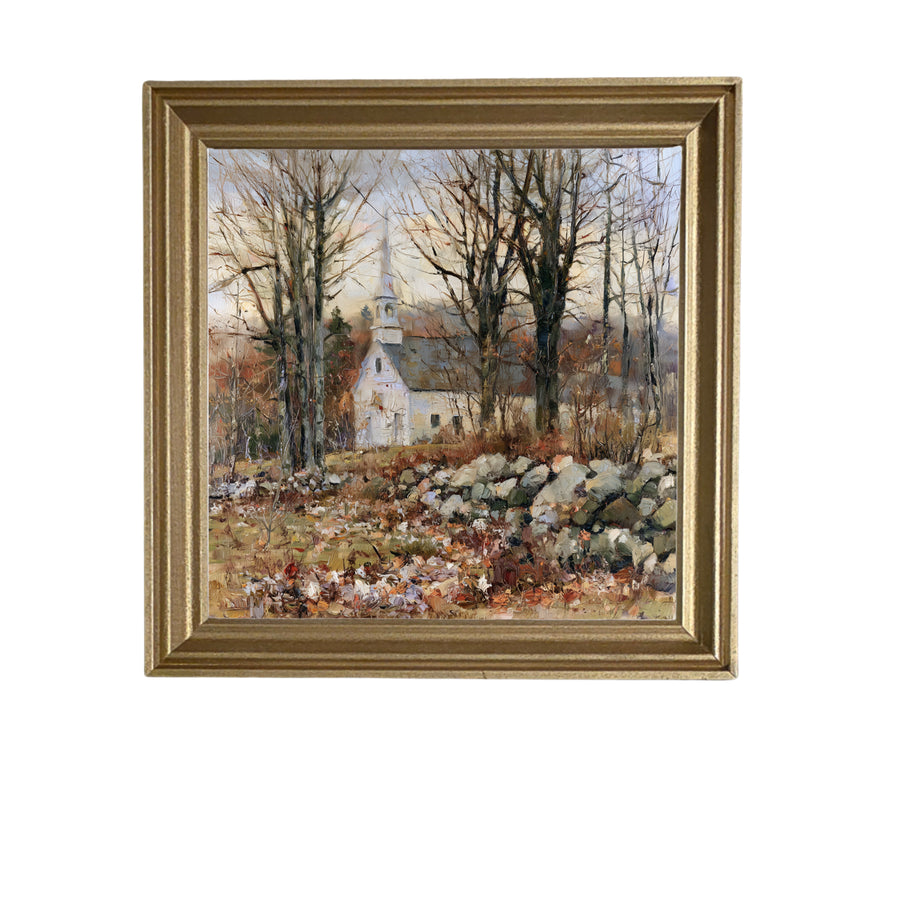 white country church with stone wall and autumn leaves in a rustic painterly landscape