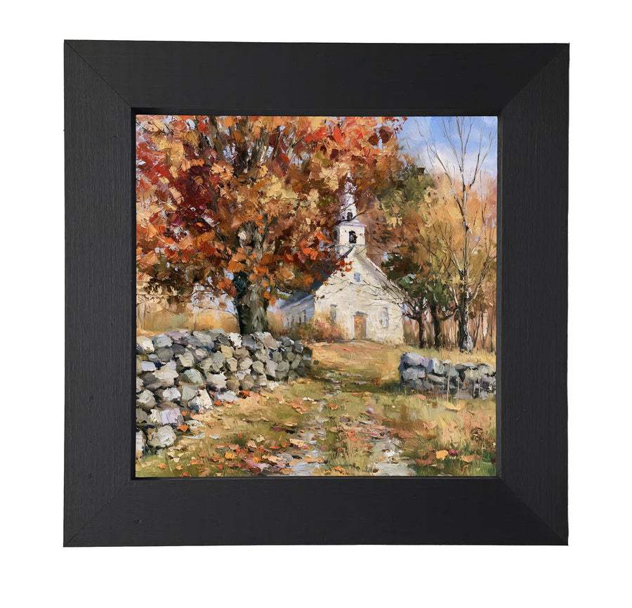 painterly autumn landscape with white chapel, stone wall, and colorful fall trees