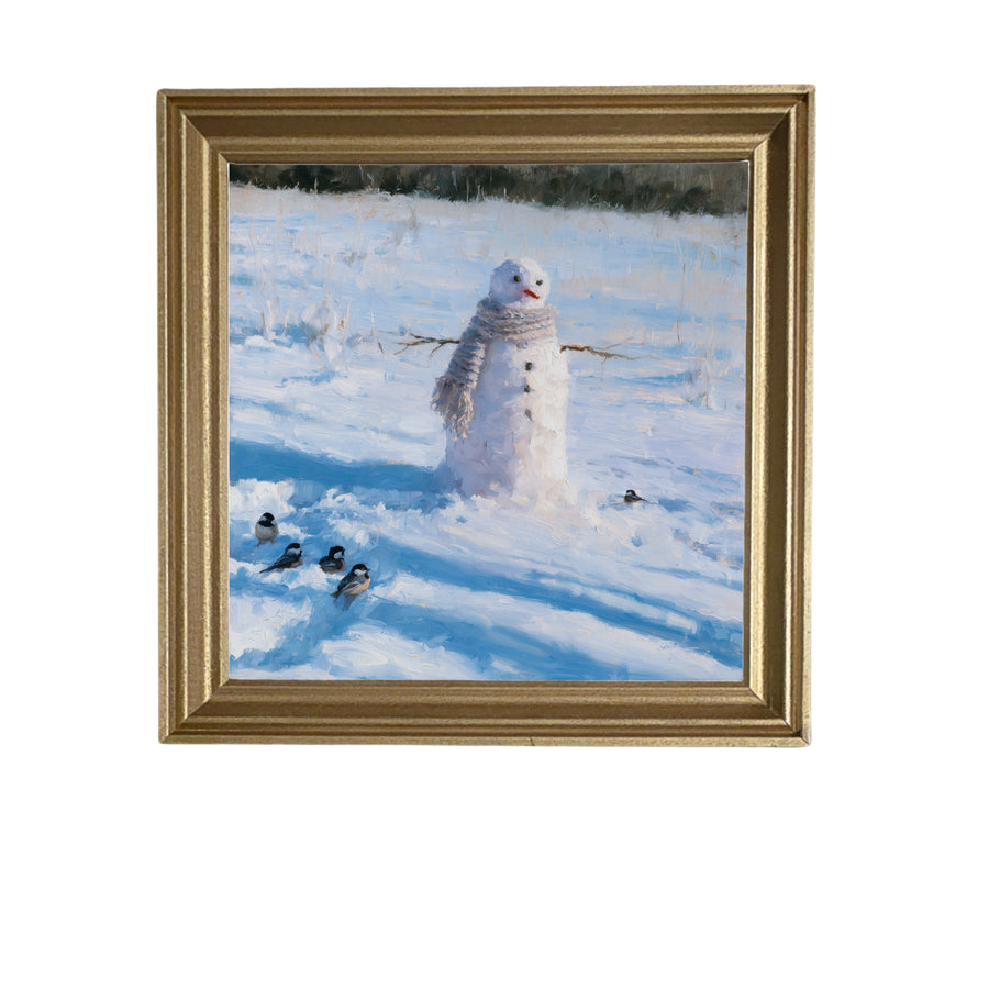 Snowman with scarf in snowy field, surrounded by chickadees, in a peaceful winter scene — product view 5