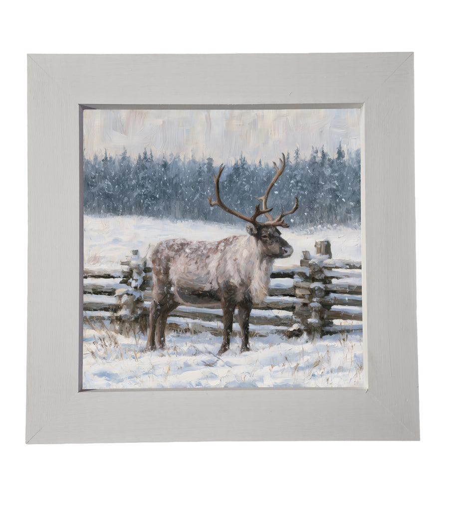 A realistic painting of a reindeer standing by a wooden fence in a snowy, wooded landscape. — product view 6