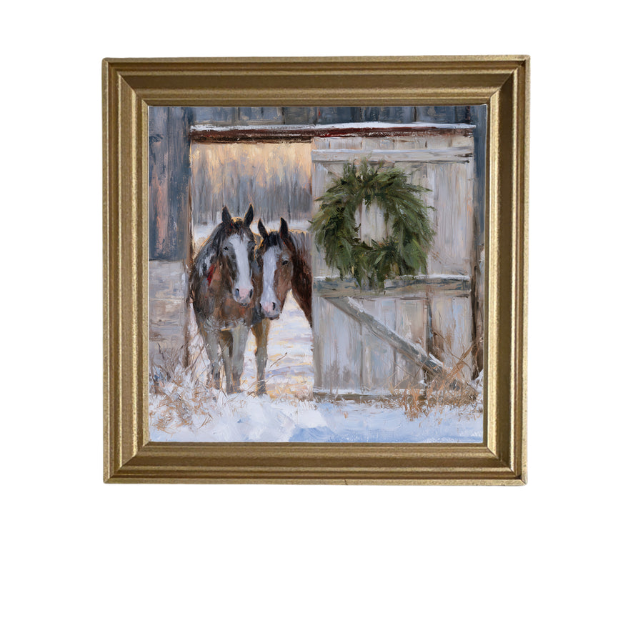 Two horses quietly looking out from an open barn door in rustic farmhouse style — product view 5