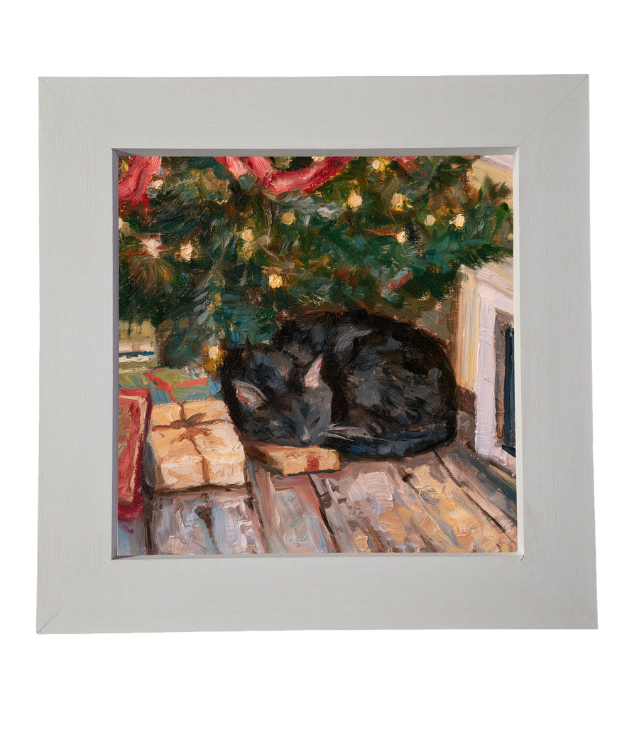 A cat curled up asleep beneath a Christmas tree, rustic farmhouse style with white, gold, and black tones — product view 6