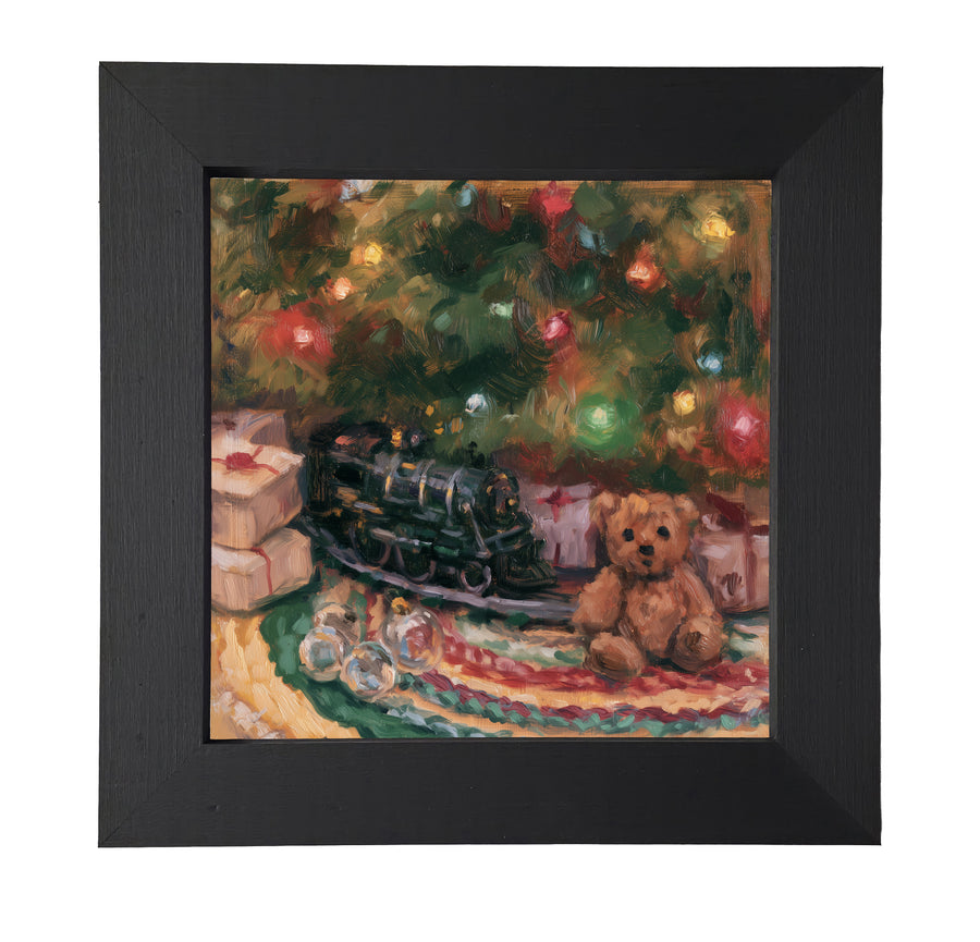 Classic electric toy train circling a Christmas tree in rustic farmhouse style — product view 7