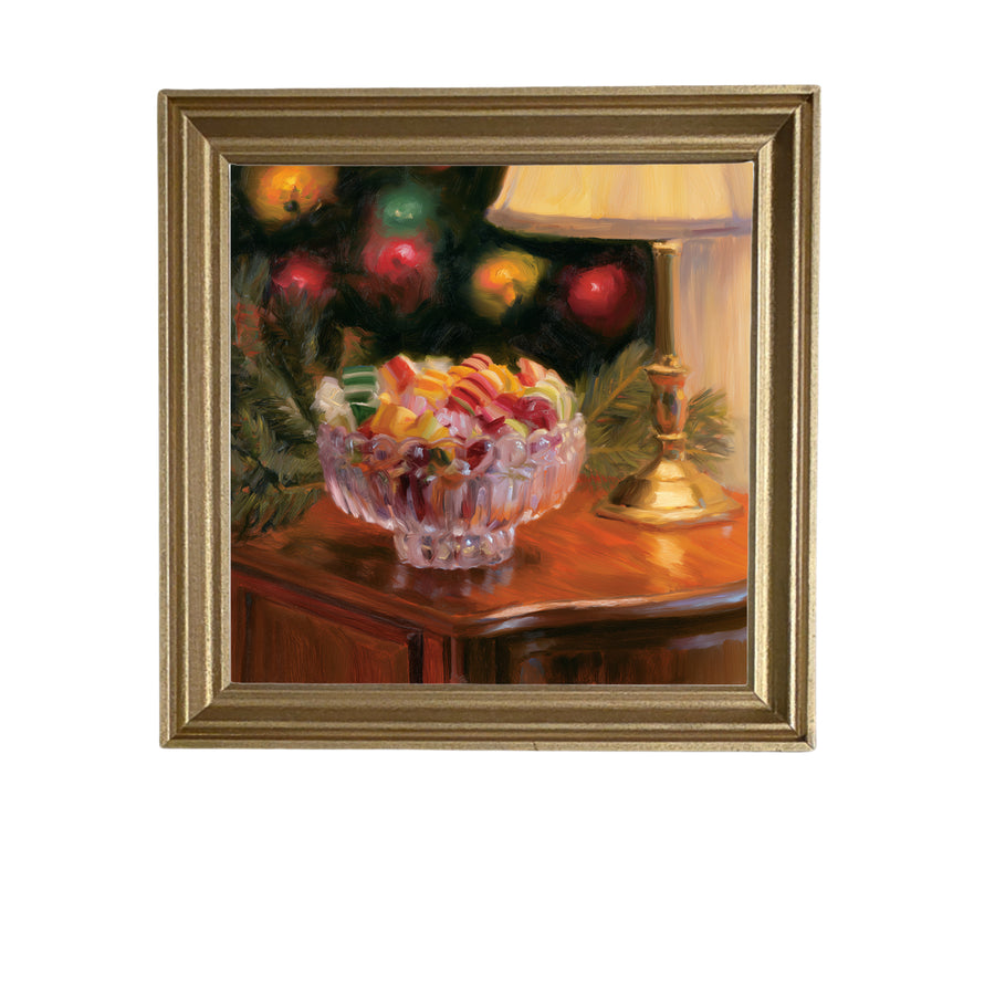 Heavy cut-glass candy dish filled with colorful Christmas candies in a rustic farmhouse style — product view 5