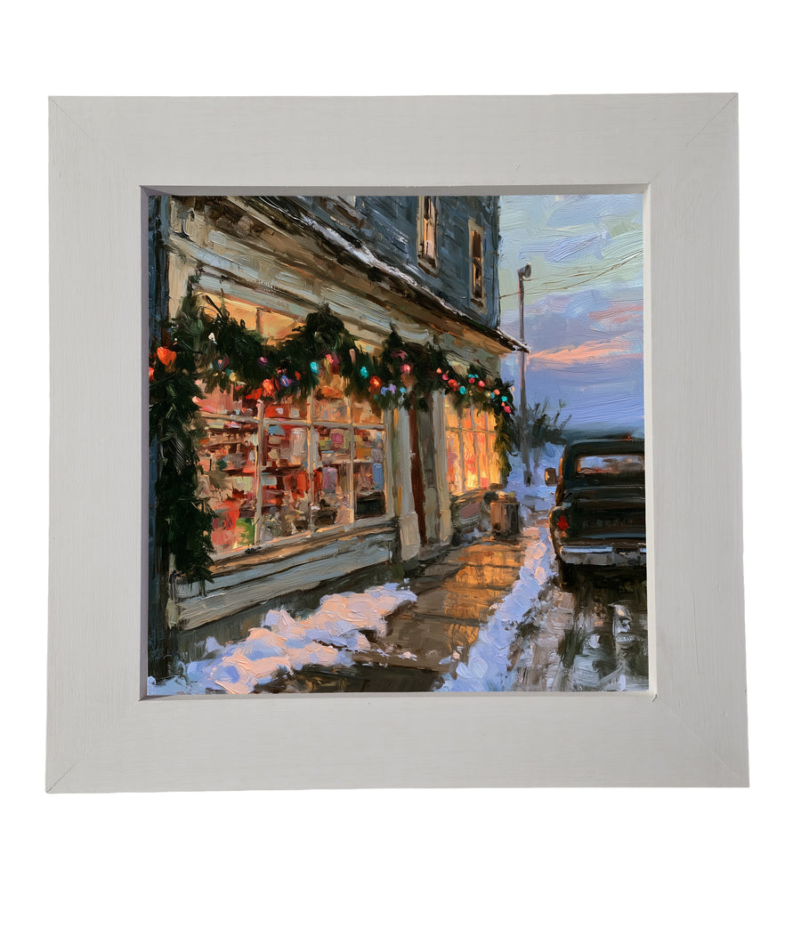 Rustic framed art of a small-town country general store at Christmastime — product view 6