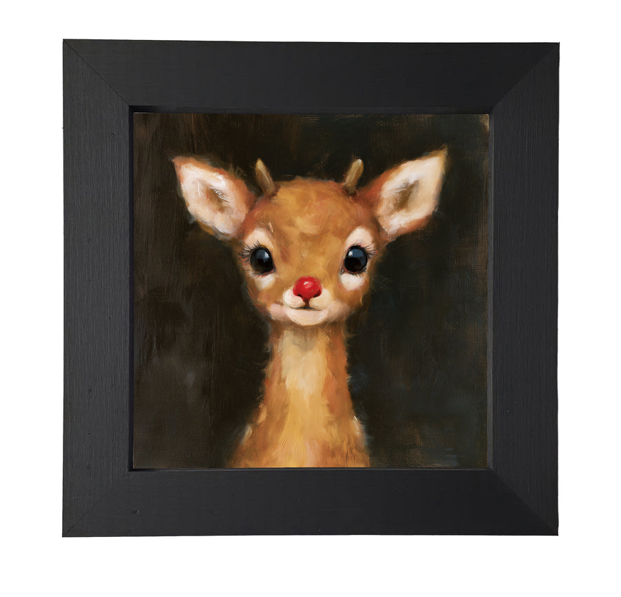 painterly portrait of a red-nosed reindeer in rustic farmhouse style