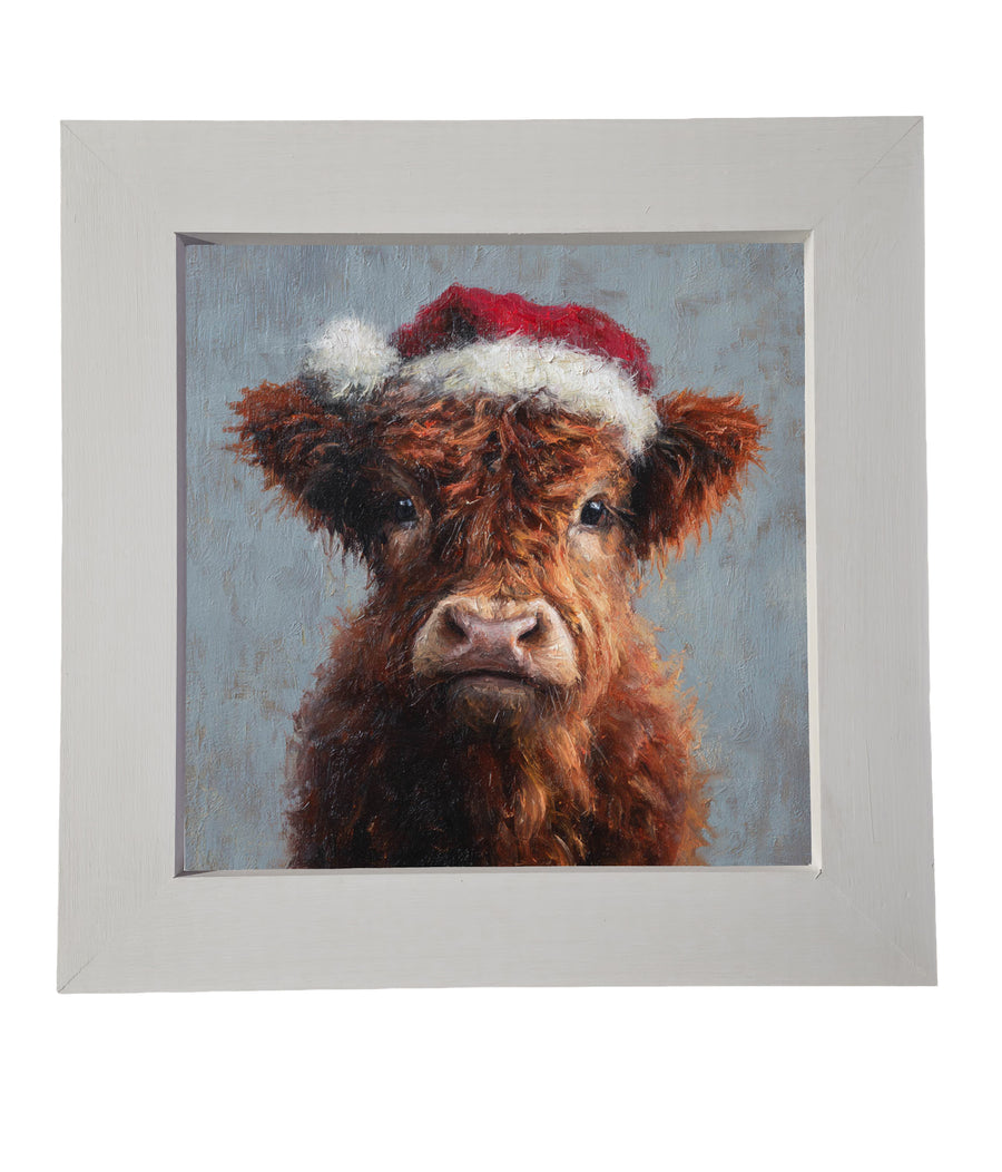Painterly highland cow wearing a red and white Santa hat in a rustic, festive style — product view 6