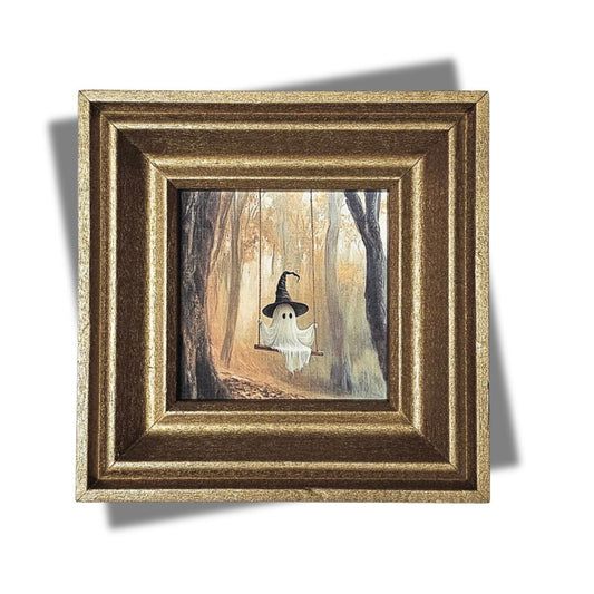 MINI Framed Ghost on a Swing Print, Halloween Wall Art, Tiny Gothic Artwork