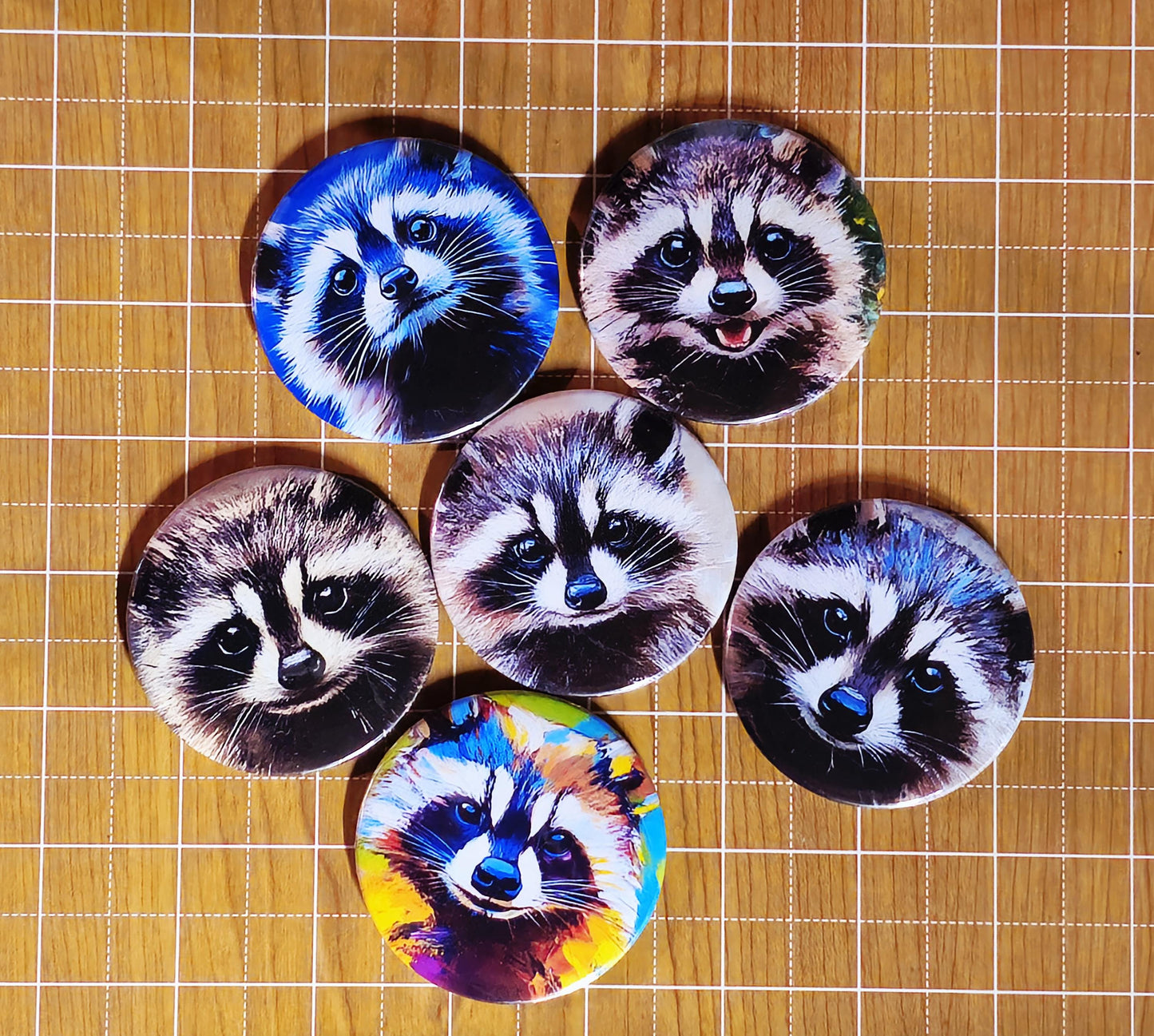 Cute Racoon Magnets or Buttons, Racoon Magnet Set, Racoon portrait, Racoon magnet, Racoon Pin, Racoon art