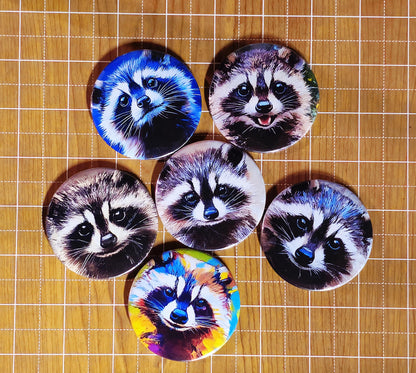 Cute Racoon Magnets or Buttons, Racoon Magnet Set, Racoon portrait, Racoon magnet, Racoon Pin, Racoon art