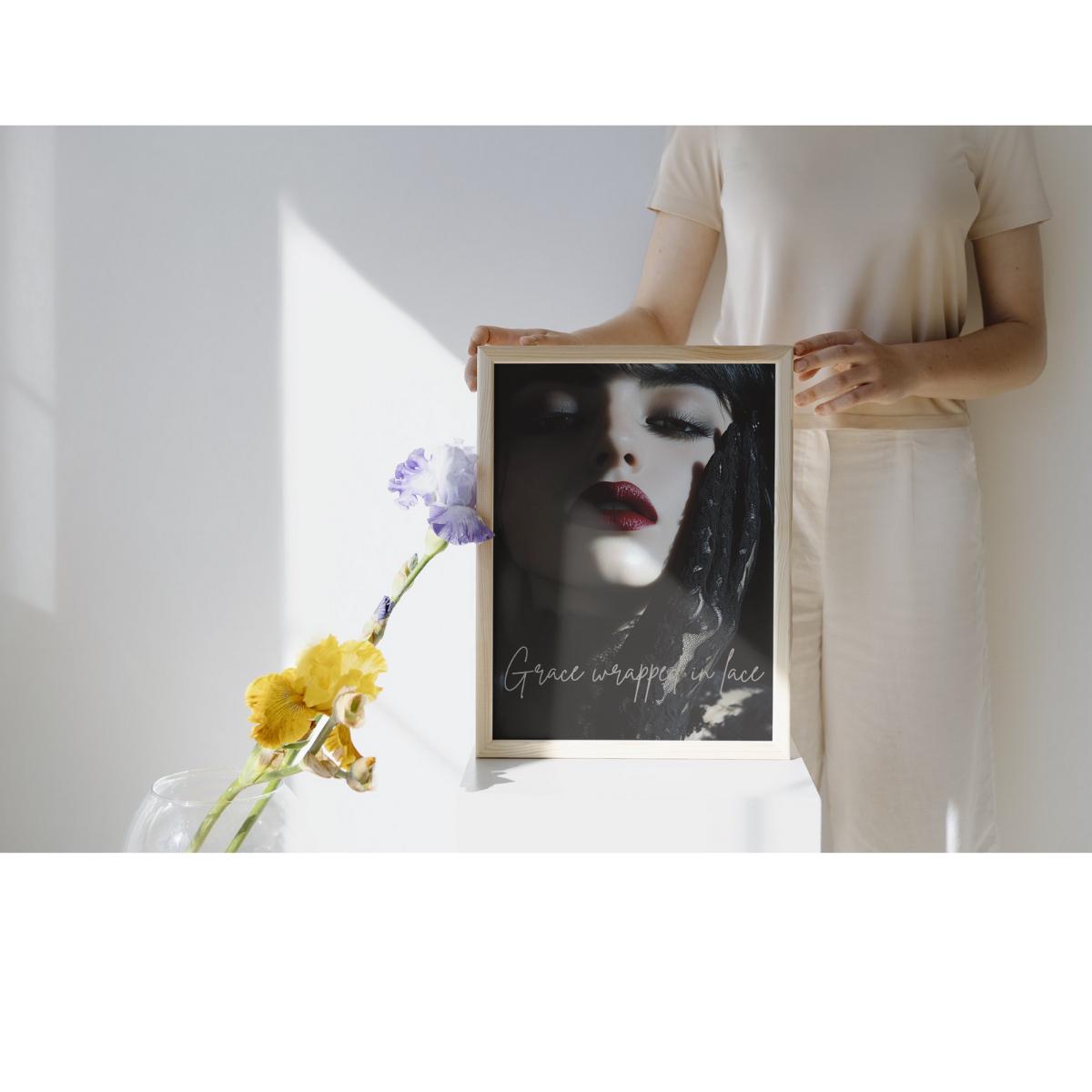 Grace Wrapped in Lace Poster, Coquette Aesthetic Decor, Bedroom Wall Art, Feminine Print, Pink coquette, red lipstick, PRINT ONLY