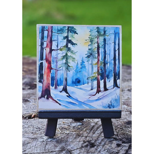 Nature-inspired Watercolor Wood Art, Scenic Landscape Painting, Handcrafted Easel Art, Nature Home Accent, Pine tree art, Mini Art, 6Designs