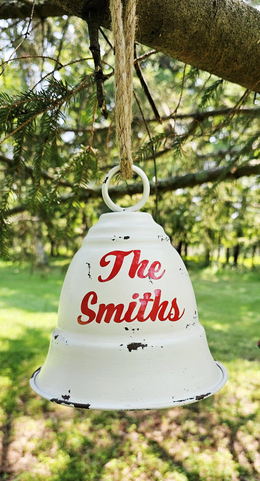 Personalized Red/White Metal Christmas Bell, Distressed Rustic Bell, Holiday Decoration, Winter Home Decor, Seasonal Decor