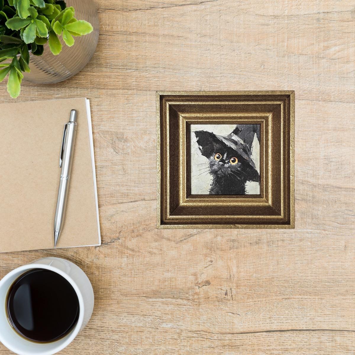 Witch Hat Black Cat MINI Framed Print,  Cat Wall Art, Spooky Kitten, Cute Halloween Decoration, Witch Hat Cat, Whimsical Cat Wall Décor