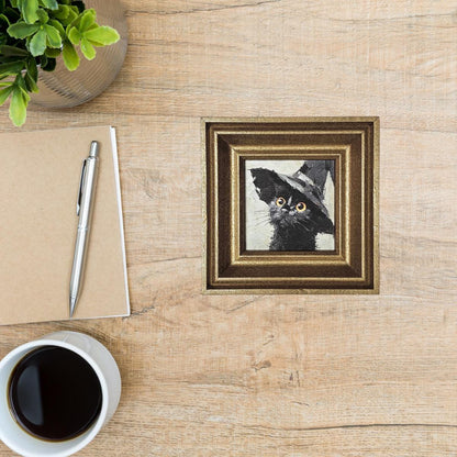 Witch Hat Black Cat MINI Framed Print,  Cat Wall Art, Spooky Kitten, Cute Halloween Decoration, Witch Hat Cat, Whimsical Cat Wall Décor