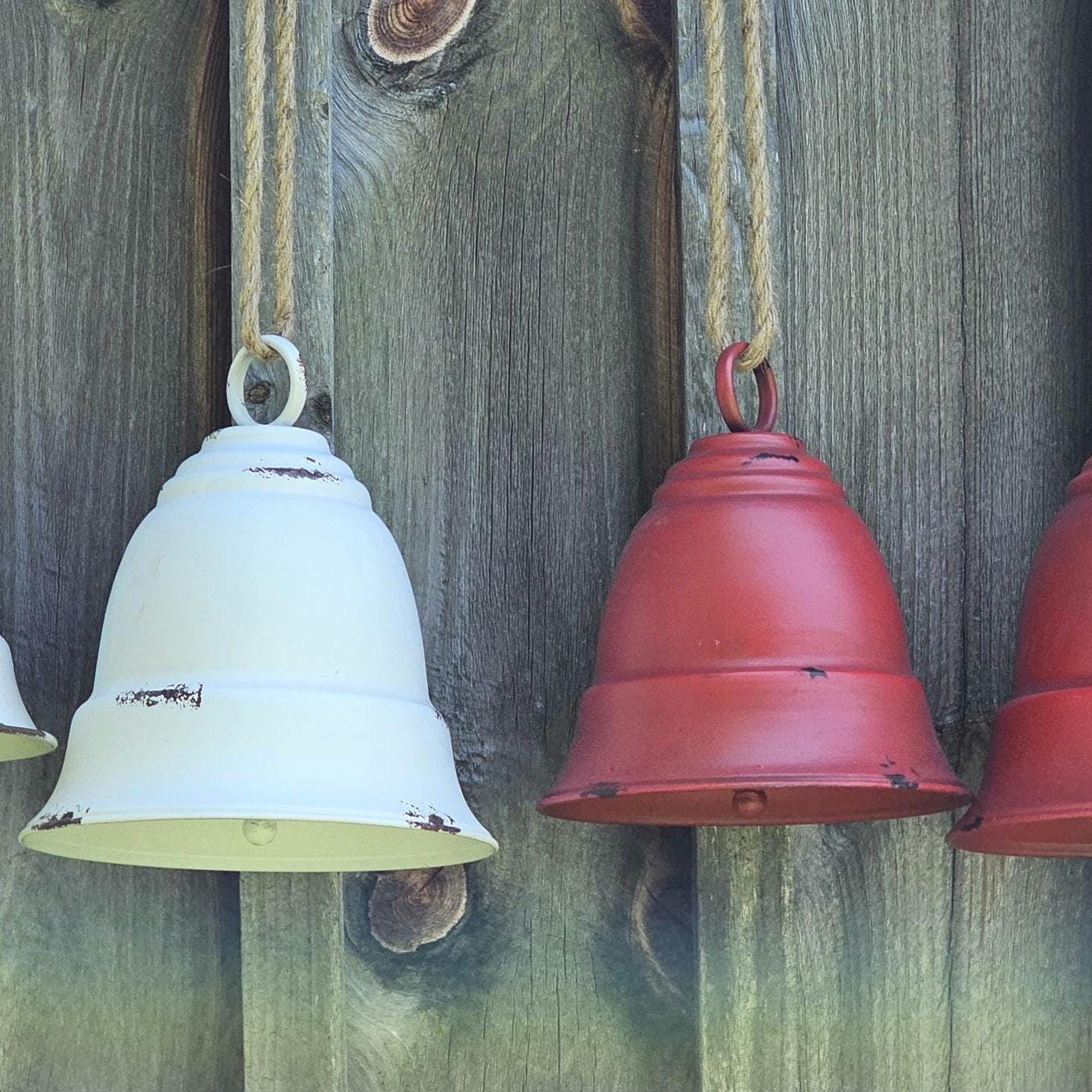 Red/White Metal Christmas Bell, Distressed Rustic Bell, Holiday Decoration, Winter Home Decor, Seasonal Decor