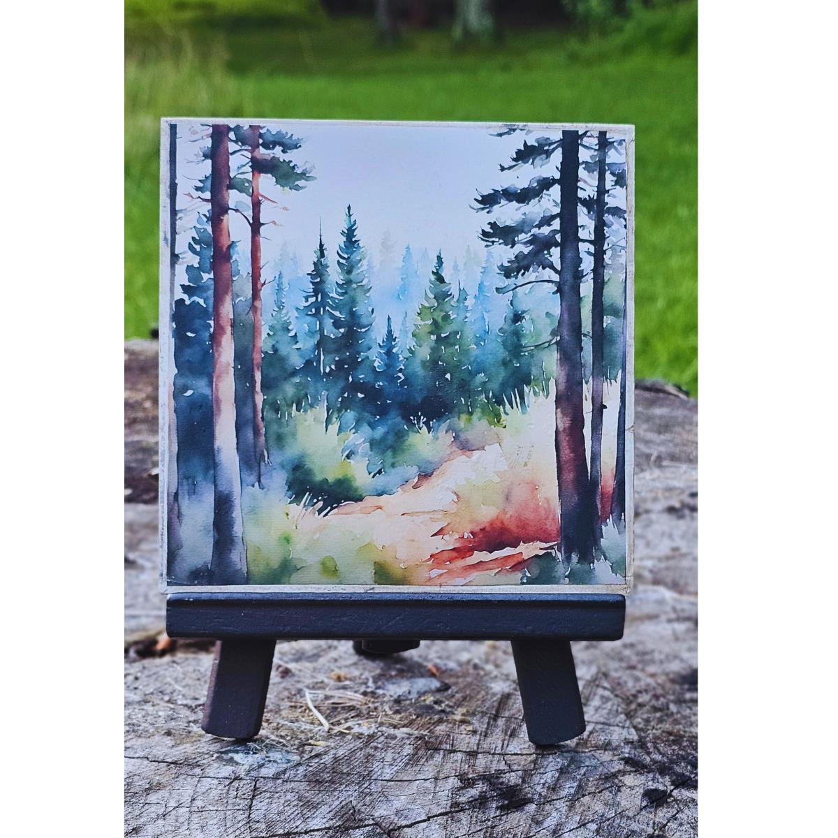 Nature-inspired Watercolor Wood Art, Scenic Landscape Painting, Handcrafted Easel Art, Nature Home Accent, Pine tree art, Mini Art, 6Designs