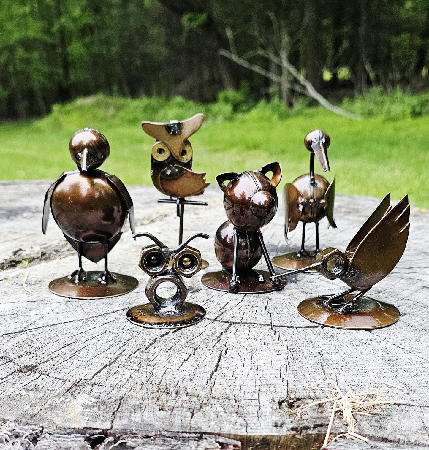 Adorable metal art sculptures, bolt art, metal art, hummingbird, owl, pig, penguin, pelican, metal statues, yard art, reclaimed metal