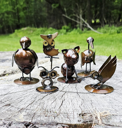 Adorable metal art sculptures, bolt art, metal art, hummingbird, owl, pig, penguin, pelican, metal statues, yard art, reclaimed metal