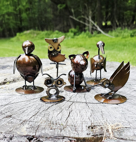 Adorable metal art sculptures, bolt art, metal art, hummingbird, owl, pig, penguin, pelican, metal statues, yard art, reclaimed metal
