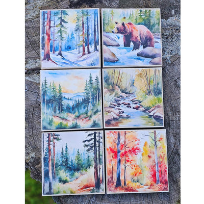Nature-inspired Watercolor Wood Art, Scenic Landscape Painting, Handcrafted Easel Art, Nature Home Accent, Pine tree art, Mini Art, 6Designs