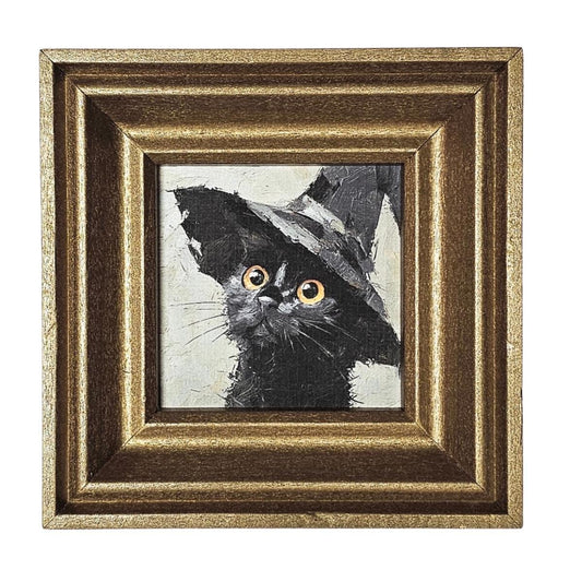 Witch Hat Black Cat MINI Framed Print,  Cat Wall Art, Spooky Kitten, Cute Halloween Decoration, Witch Hat Cat, Whimsical Cat Wall Décor