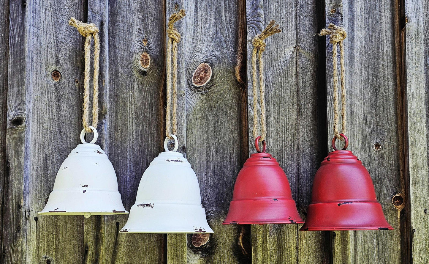 Red/White Metal Christmas Bell, Distressed Rustic Bell, Holiday Decoration, Winter Home Decor, Seasonal Decor