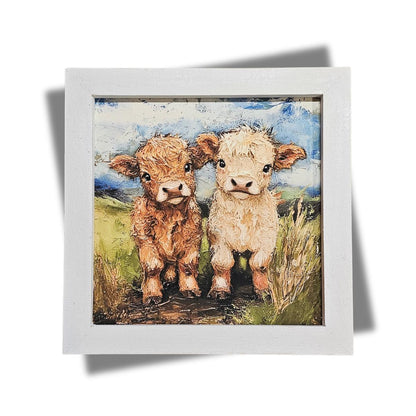 Whimsical Framed Baby Highland Cow Print, Farmhouse Art, Farm Theme Decor, Animal Print Wall Art, Cow wall art, Baby Cows