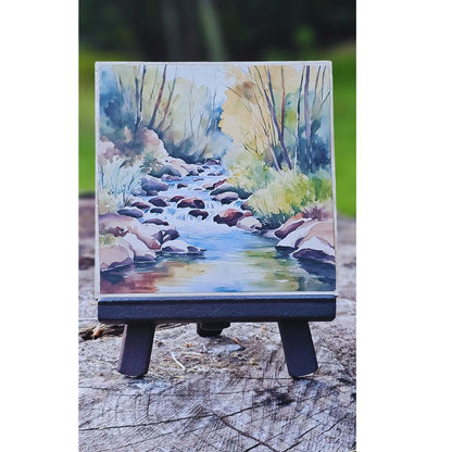 Nature-inspired Watercolor Wood Art, Scenic Landscape Painting, Handcrafted Easel Art, Nature Home Accent, Pine tree art, Mini Art, 6Designs